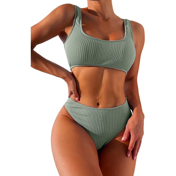 Conjunto de bikini de cintura alta para mujer, 2 piezas, cuello redondo, playera corta, traje de baño Verde militar G Verde militar G Xishao ropa