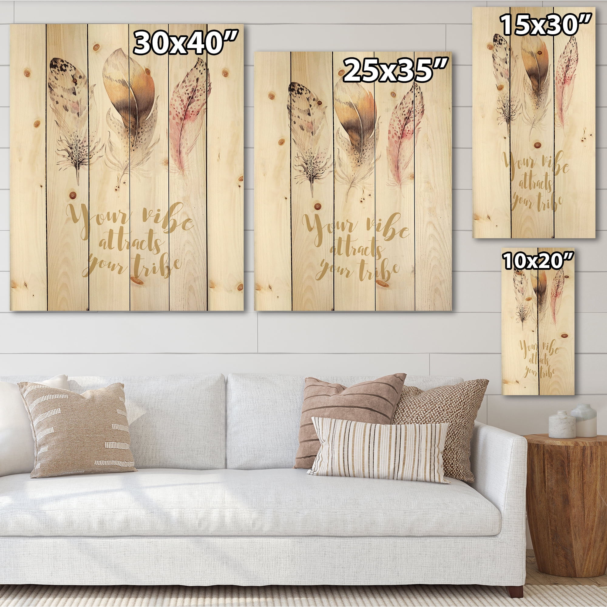 Designart 'Your Vibe Attracts Your Tribe Ethnic Feathers I' Bohemian & Eclectic Print on Natural Pine Wood