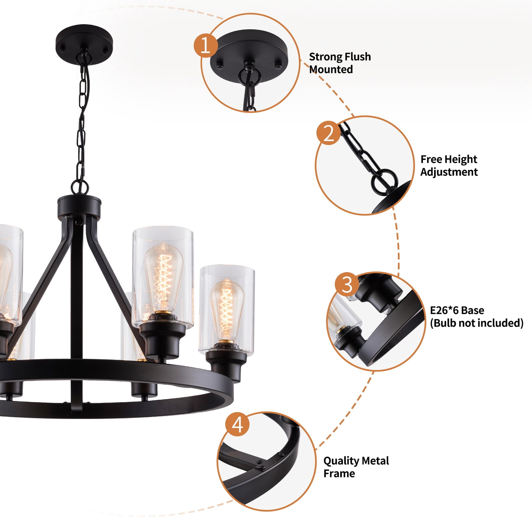 UHG 6-Light Black Wheel Chandelier with Glass Shade, Farmhouse Flush Mount Ceiling Light Fixture for Dining&Living Room Entryway, Vintage Metal Pendant Lighting for Bedroom Hallway Kitchen