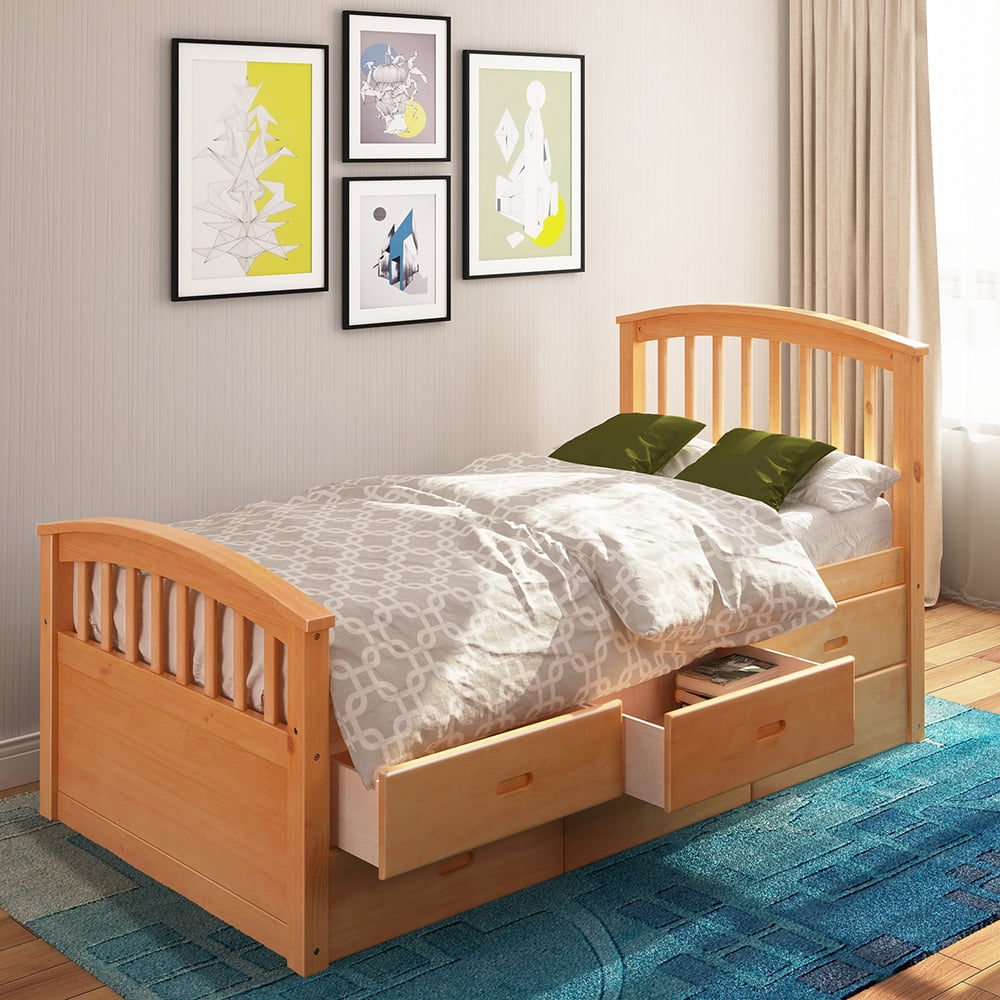 Private Jungle Solid Wood Twin Size Bed with Storage, Platform Bed with 6 Drawers-Oak