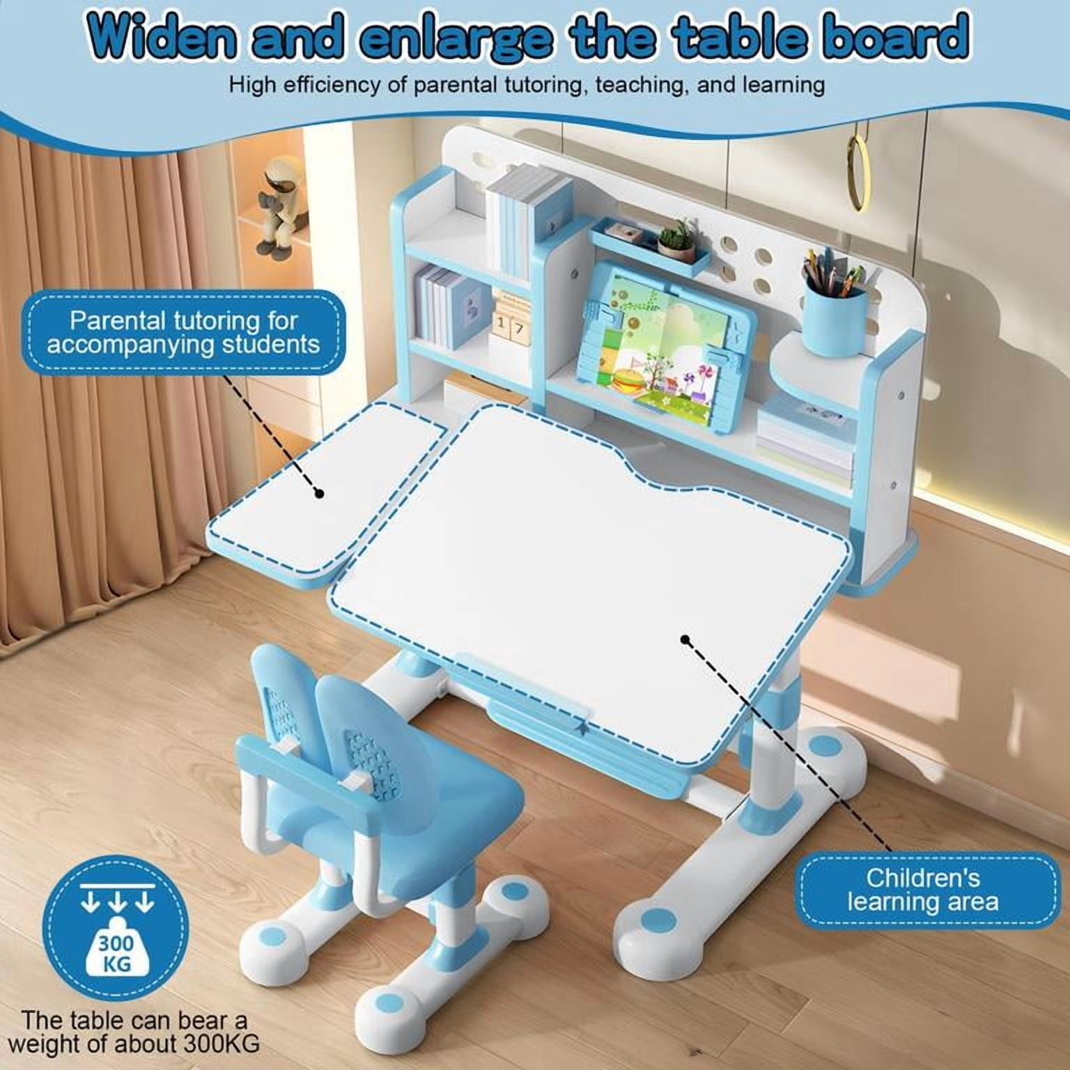 YNCE 2025 Upgrade Kid Desk and Chair Set, 50-Degree Tiltable Desktop Height Adjustable Kids Table and Chair Set with Bookshelf Storage Drawer for Bedroom Study Room (Blue #3)