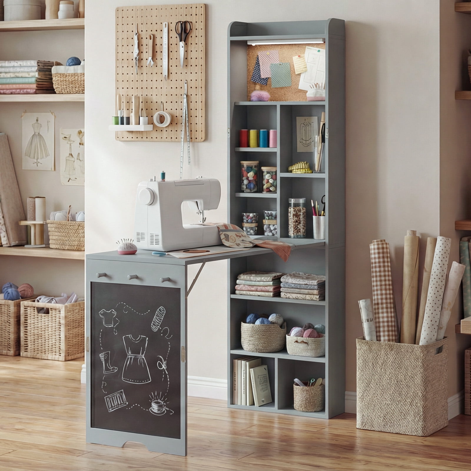 Advwin Wall Mounted Folding Murphy Desk with LED Light & Corkboard, Fold-Out Convertible Writing Table with Shelves & Magnetic Blackboard, Space-Saving Desk for Small Spaces & Home Office, Gray