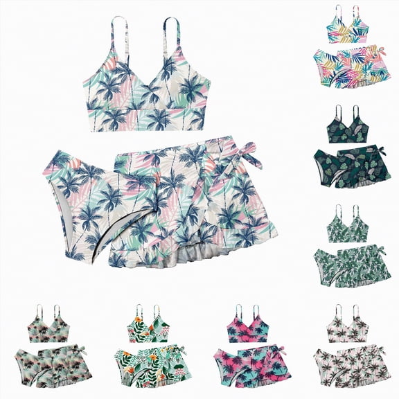 YDFCWXW Girl's 3 Pieces Bikini Set Tropical Print Swimsuit Bathing Suit with Ruffle Cover up Skirt Summer Beach Holiday Pool Swimwear (Dark Gray, 13-14 Years)