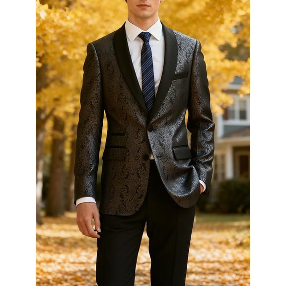 Beauty-Emily Men's Elegant Floral Jacquard Tailcoat Set with Slim-Fit Blazer & Matching Pants – Satin Lapel, Perfect for Weddings, Parties & Formal Events