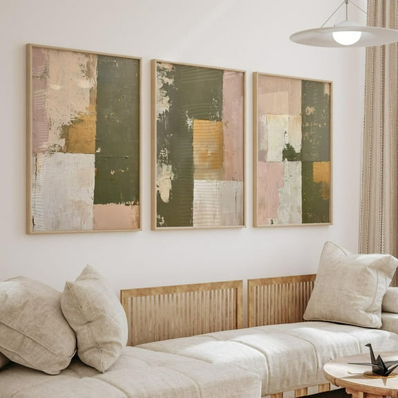 Luvia Modern Abstract PinkSage GreenGold Poster, Soft Tones Prints Set Of 3, Modern Wall Decor Set 3 Prints 8x12 UNFRAMED