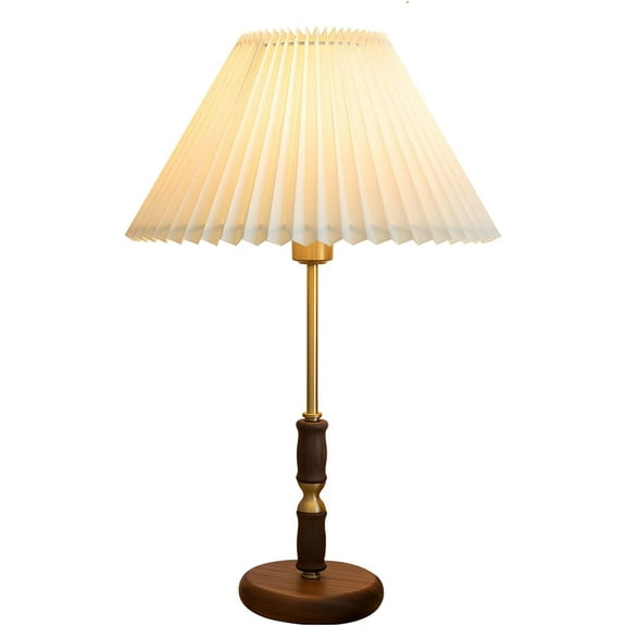 KCO Lighting Mid Century Modern Desk Lamp Wood Table Lamp with Beige Lampshade Retro Pleated Table Lamp