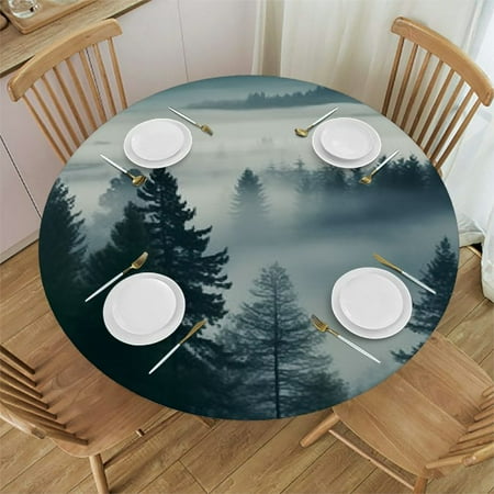

TIAOTIAOHOU Fog Mountains Trees Round Table Cloth 100% Polyester Fiber 54-58