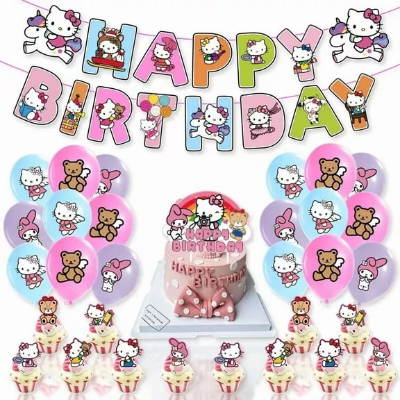 Hello Kitty Theme Birthday Party Decorations,Balloon Banner Cake Toppers Set
