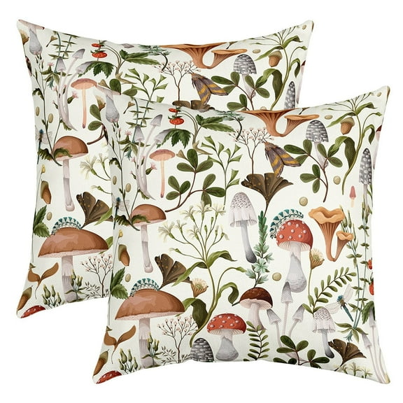 Wild Mushroom 18x18 inch set of 2 Throw Pillow Covers Outdoor Natural Plants Cushion Cases Lovers Botanical Leaves Rustic Cushion Covers Vintage Flowers Woodland Mushrooms Pillow Covers,White