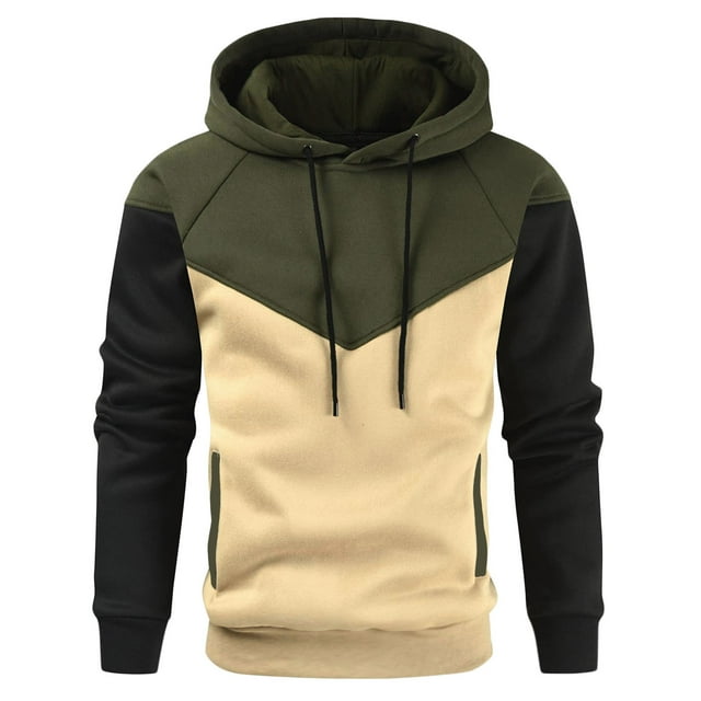 Yuyuzo Men Pullover Sweatshirts Long Sleeve Drawstring Hooded Sports Solid Color Patchwork Hoodies for Men