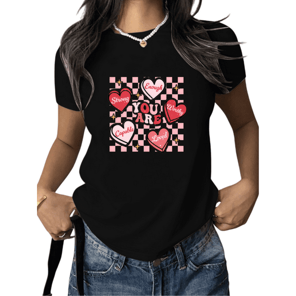 Women's Checkerboard Heart Graphic Cotton T Shirt Casual Comfortable Short Sleeve Round Neck Top Black S-5XL