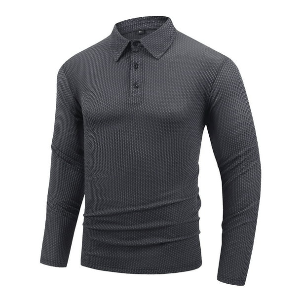 Blusa y camisa de manga larga con cuello vuelto para hombre, camisa deportiva de color liso con solapa y botones, blusa de poliéster de manga larga con solapa para hombre