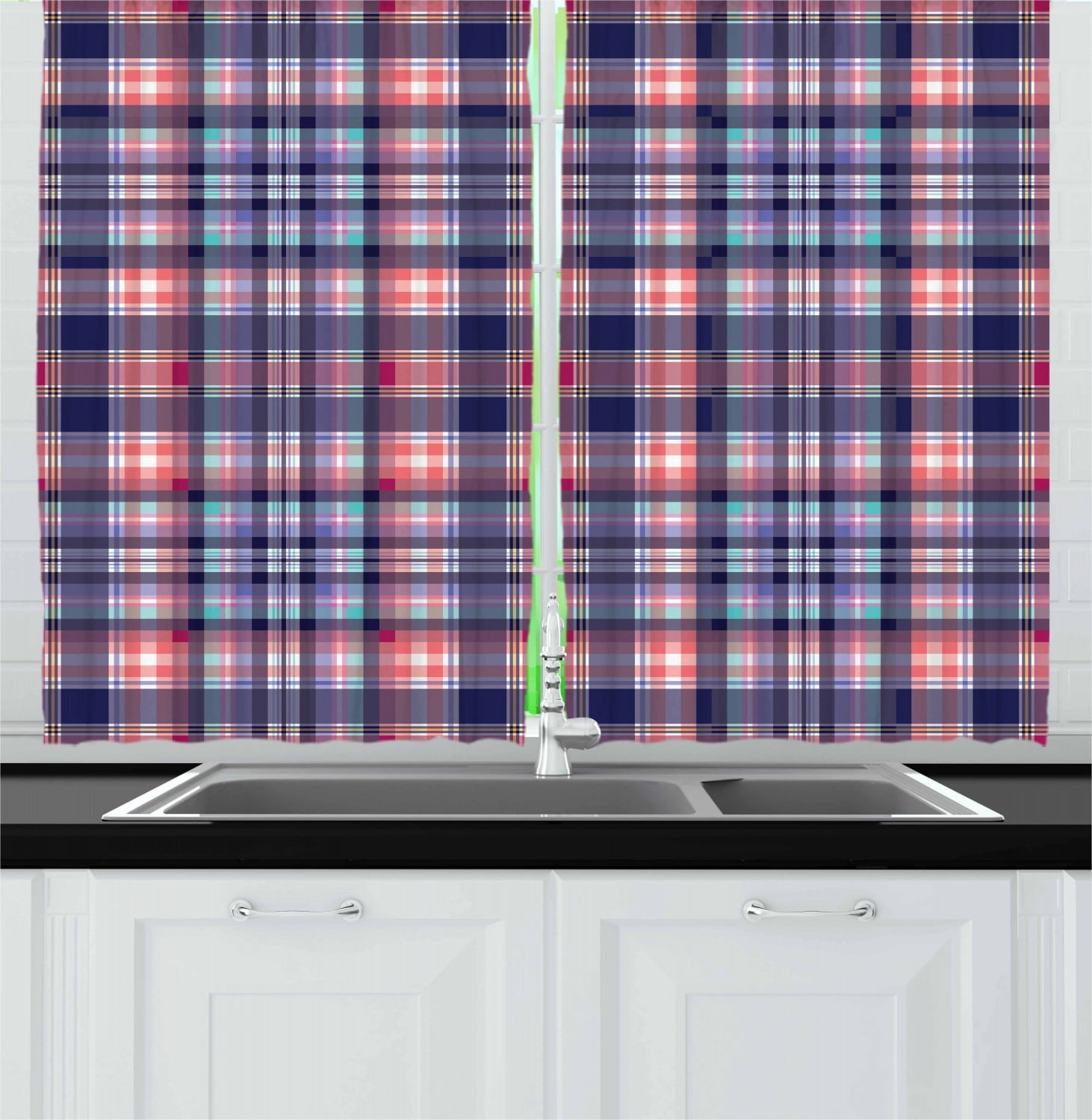 Checkered Curtains 2 Panels Set, Pink and Blue Colored Repeating Pattern with Intersecting Lines