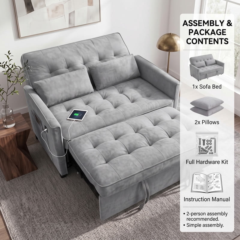 Anpport 54" 3‑in‑1 Convertible Sofa Bed, Towel Fabric, 3‑Position Adjustable Backrest with USB Charging Ports, for Living Room, Apartment, Medium Gray