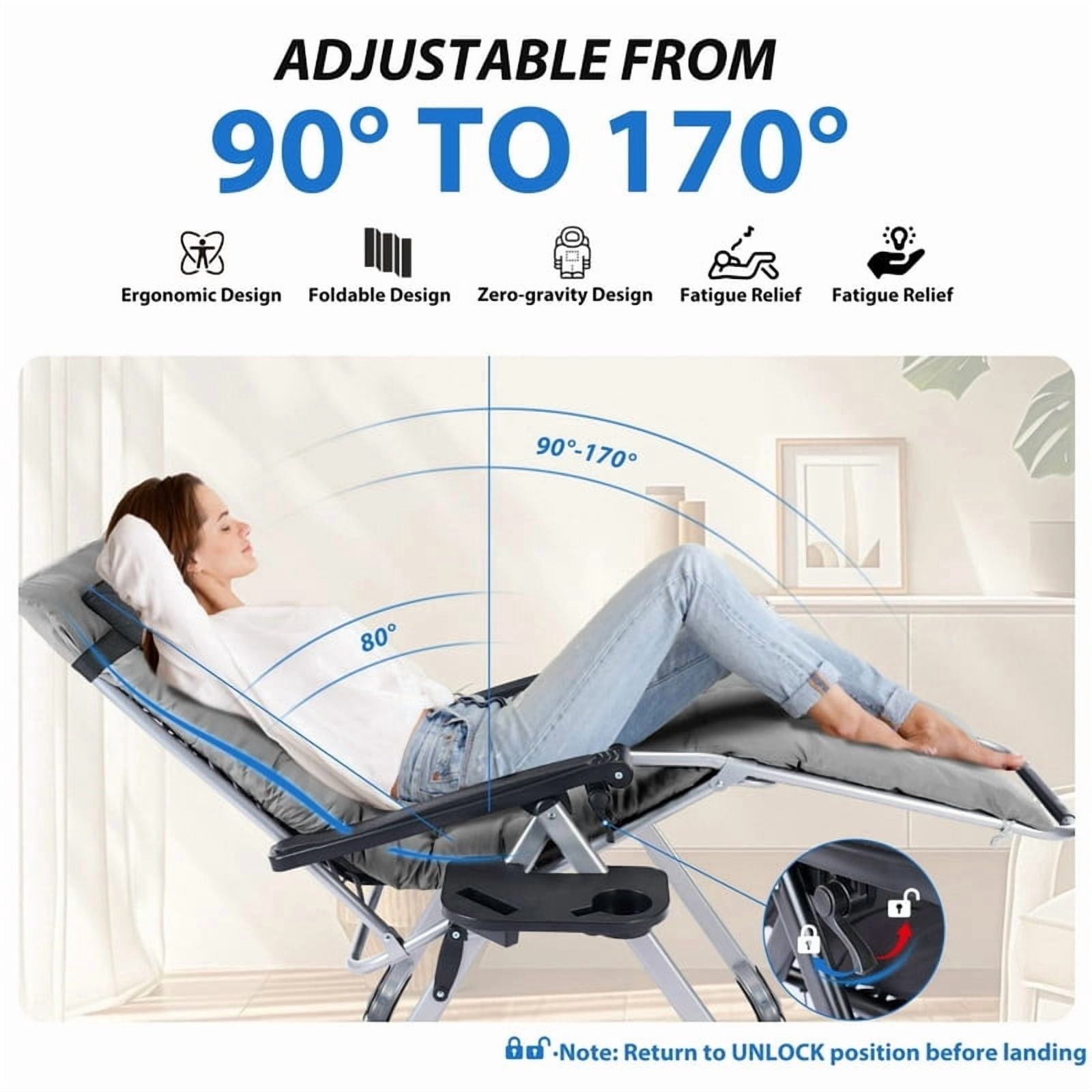 Kelno Padded Recliner Chair Zero Gravity Camping Chair Holder Trays Outdoor Portable Patio Lounge Chair with Removable Cushion Headrest Cup, Gray