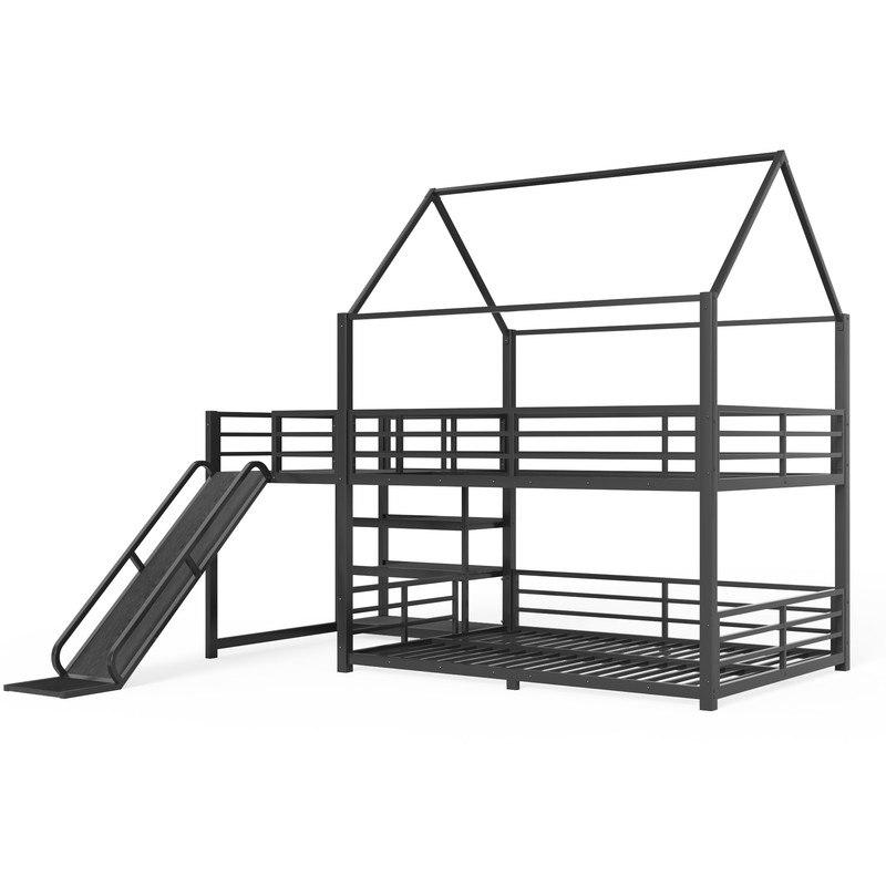 Full-Over-Full Metal House-Shaped Bed Frame with Multi-Functional Storage Stairs, Kids Bunk Bed with Slide