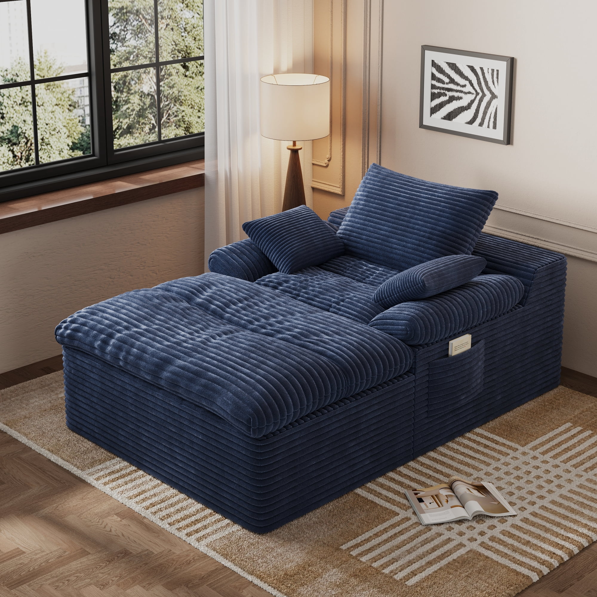 HOQBN 65" Chaise Lounge Chair Indoor,Oversized Boneless Sofa Bed with 3 Pillows,Cloud Reading Chair for Living Room Bedroom, Deep Seat Sleeper Couch, No Assembly Required,Aged Blue