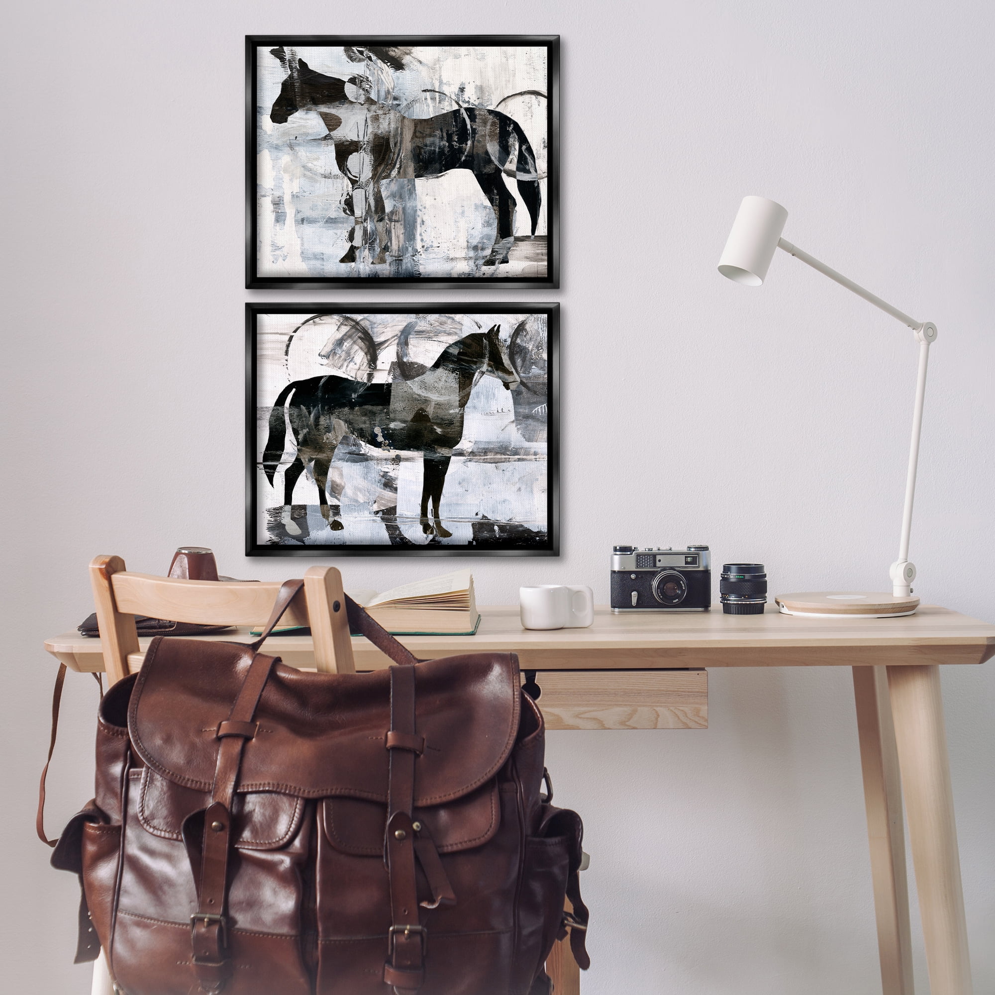 Stupell Industries Abstract Horse Silhouette Circles Animals Painting Black Floater Framed Canvas Art Print Wall Art, 21 x 17, Set of 2