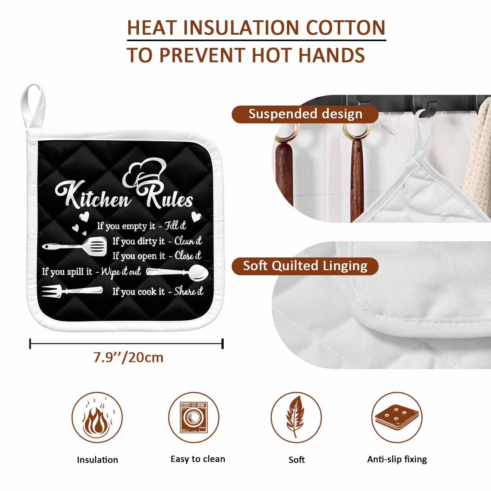 Kitchen Supplies Pot Holders for Kitchen Heatproof Potholder, 3 Pack Black White Chef Hat Love Heart Hot Pads Multipurpose Oven Pads Cloth Potholders Trivet for Cooking Baking