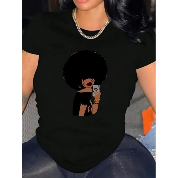 Camiseta De Manga Corta Con Cuello Redondo Para Mujer, Camisetas De Verano Para Uso Diario Y ViajesWomen's Casual Chic Afro Puff Graphic Tee - Comfy Polyester Blend, Round Neck Short Sleeve, Machine