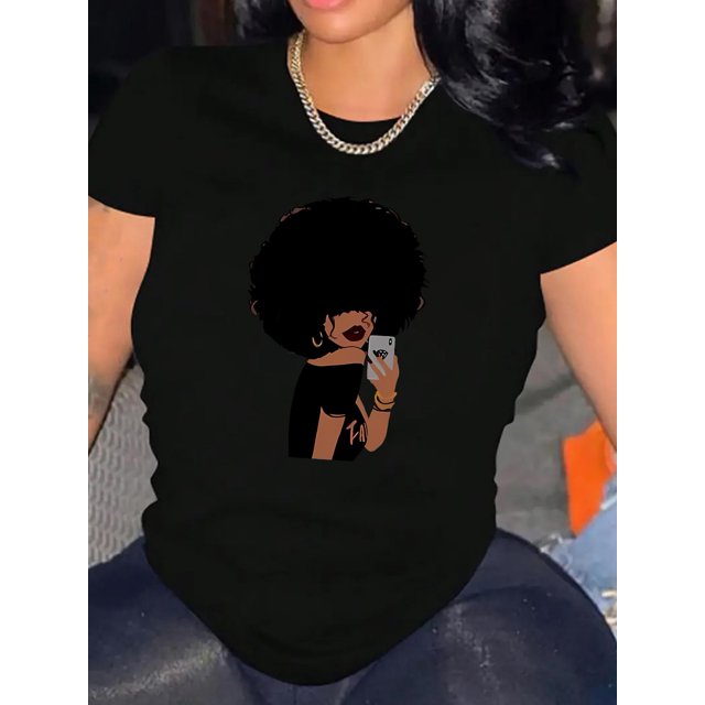 T-shirt Graphique Décontracté Chic Afro pour Femmes - Mélange de Polyester Confortable, Col Rond Manches Courtes, Lavable en Machine Haut d'Été pour la Fête des Pères, Fête des Mères, Nouvel An, Festival de Printemps, Saint-Valentin