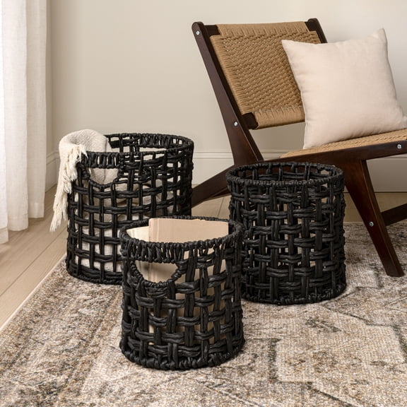 happimess BSK2033C-3SET Lasuna Coastal Bohemian Water Hyacinth Handwoven Checker Weave Nesting Baskets with Handles, Black (Set of 3)