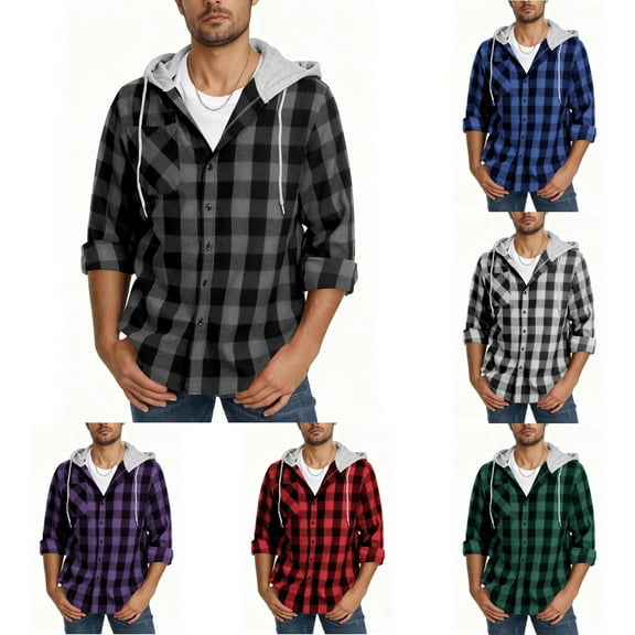 Lovzfmll Hooded Shirt for Men, Plaid Flannel Shacket, Long Sleeve Button Down with Pocket, Casual Wear, Fall Clothing