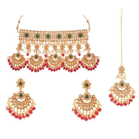 Efulgenz Indian Jewelry Choker Kundan Crystal Faux Pearl Necklace Earrings Maang Tikka Head Chain Bollywood Wedding Bridal Set for Women, Multicolor