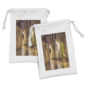 Gothic Fabric Pouch Set of 2, Gothic Stone Quarter of Barcelona Spain Renaissance Heritage Night Street Photo, Small Drawstring Bag for Toiletries Masks and Favors, 9" x 6", Cream, by Ambesonne