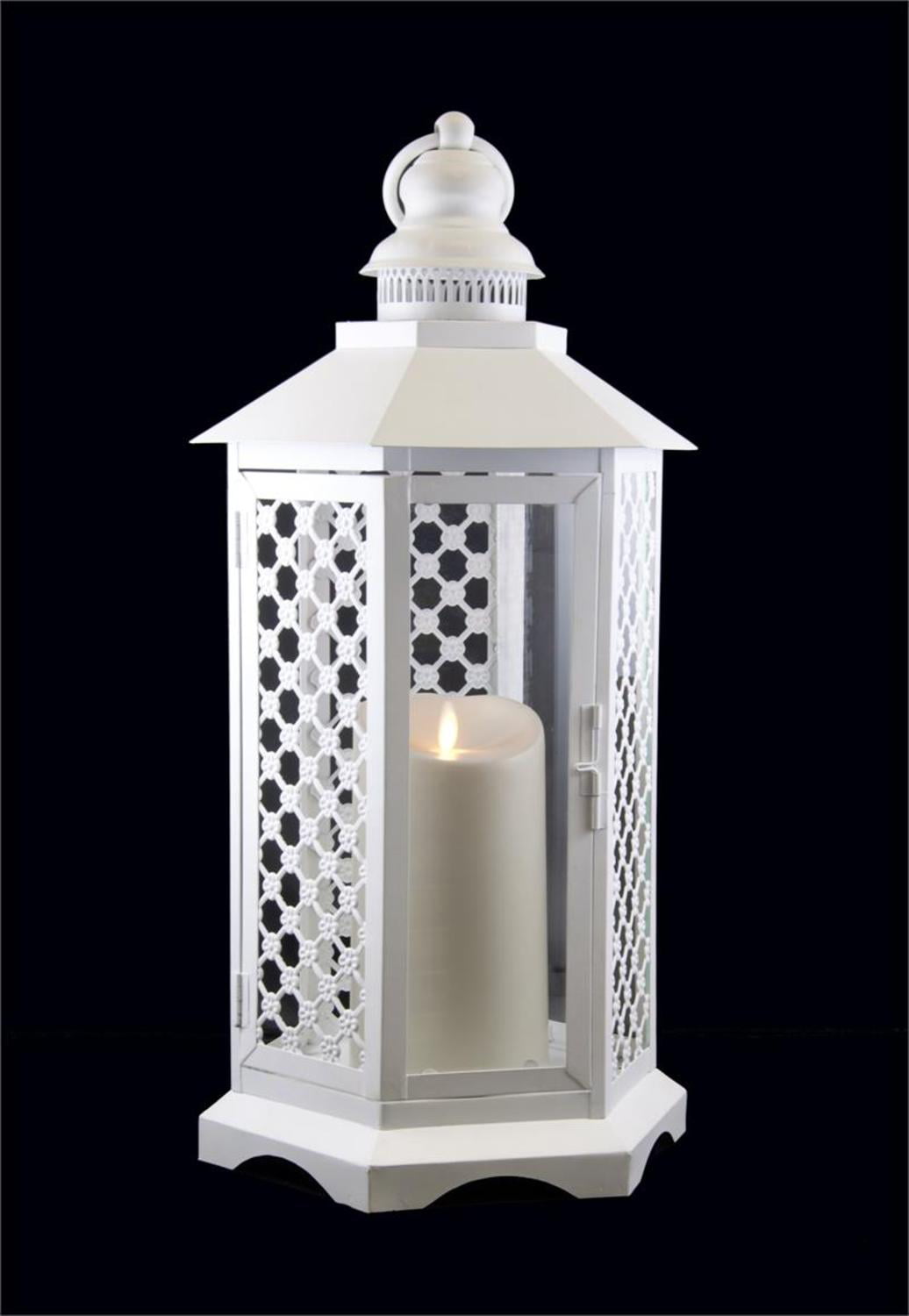 2 WHITE floral lattice Lantern & LED flameless pillar Candle holder Lamp wedding 