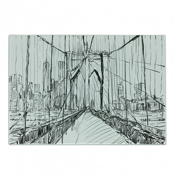 NYC Scene Cutting Board, Creative Sketchy Artwork of Monotone Bridge Silhouette Scribbled by Hand, Decorative Tempered Glass Cutting and Serving Board, in 3 Sizes, by Ambesonne