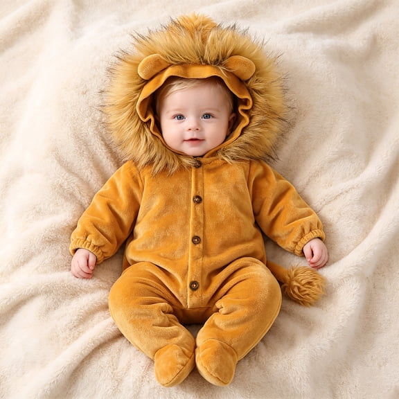 XAOFW Baby Girls Romper Cute Animal Fuzzy Bodysuit Long Sleeve Button Front Hooded Jumpsuit Kids Fall Winter Holiday Party Comfort Fit Onesie