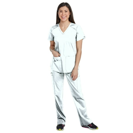 

Med Couture NEW TOUCH Women s V-Neck Shirttail Scrub Top & Yoga 2 Cargo Pocket Scrub Pant Set [XS - 3XL]