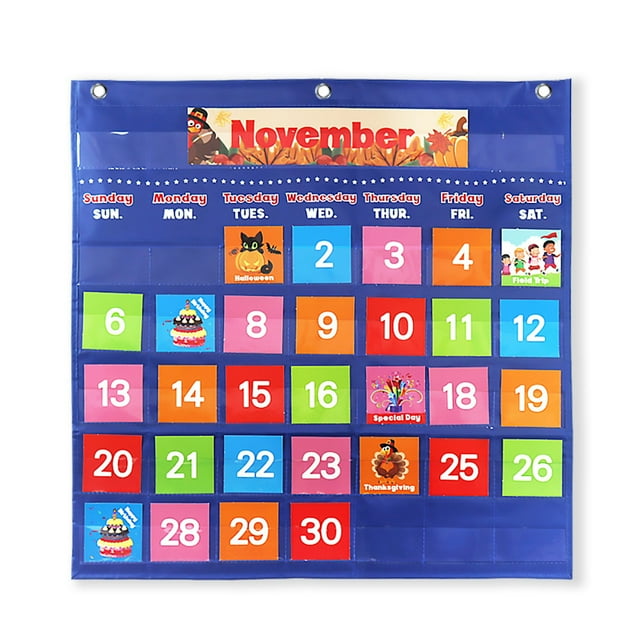 Blue Calendar Pocket Chart for Kids - Lightweight 0.45kg Portable 25.25x25.75in Educational Tool with Durable Cloth & Paper Cards, Engaging Design for Fun Learning & Parent-Child Interaction in
