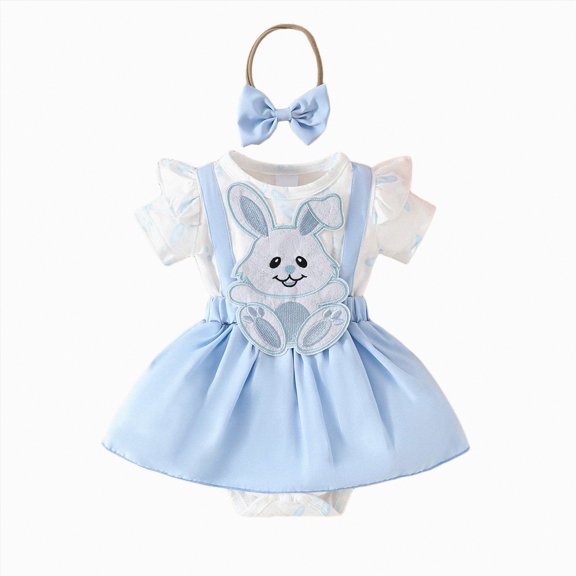 Linfrsh Newborn Baby Girl Easter Outfit Short Sleeve Bunny Embroidery Suspender Romper Dress Headband 2Pcs Set(Light Blue,12-18 Months)