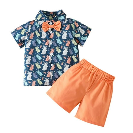 

cllios Easter Boys Short Sleeve Round-Neck Printing Shirts+Short Pants Two-piece Set