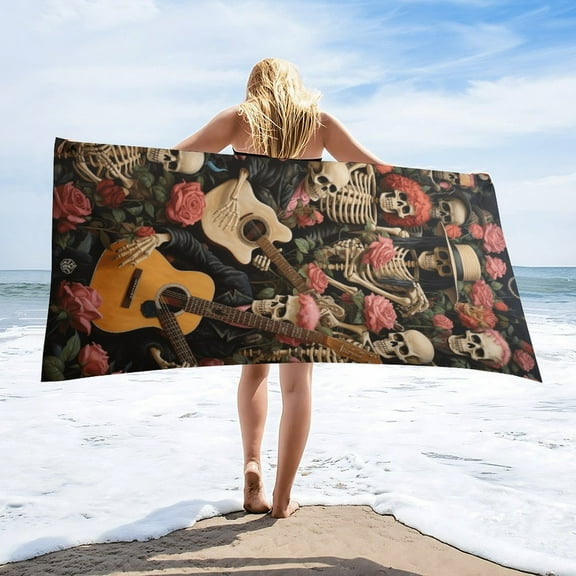 Guitar Skeleton Rock Microfiber Beach Towel Lightweight 63''x32'' Oversized Extra Large Towels Quick Dry for Travel Pool Yoga Gym Sports Accessories Vacation Essential