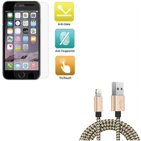 iPhone 8/7/6S/6 - Film TPU Screen Protector w 6ft USB Cable - Anti-Glare Anti-Fingerprint Matte, Charger Cord Power Wire Sync for iPhone 8/7/6S/6