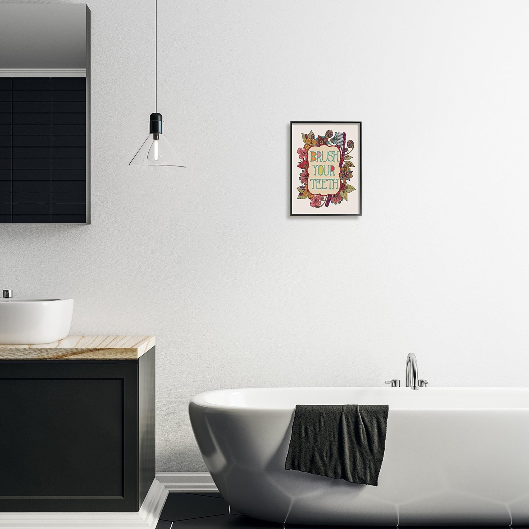 Stupell Industries Intricate Floral Shapes Brush Your Teeth Toothbrush Graphic Art Black Framed Art Print Wall Art, Design by Valentina Harper