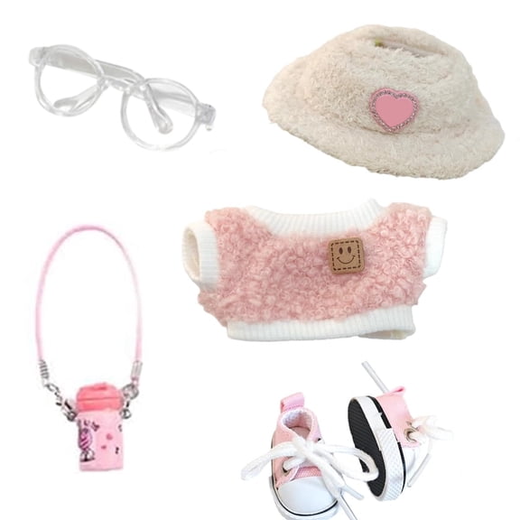 Five-Piece Doll Clothes Outfit Set,Chic Style for 17cm Dolls - Includes Clothes,Light Pink Heart Velvet Hat,Water Cup,Glasses & Canvas Shoes,Doll Not Included
