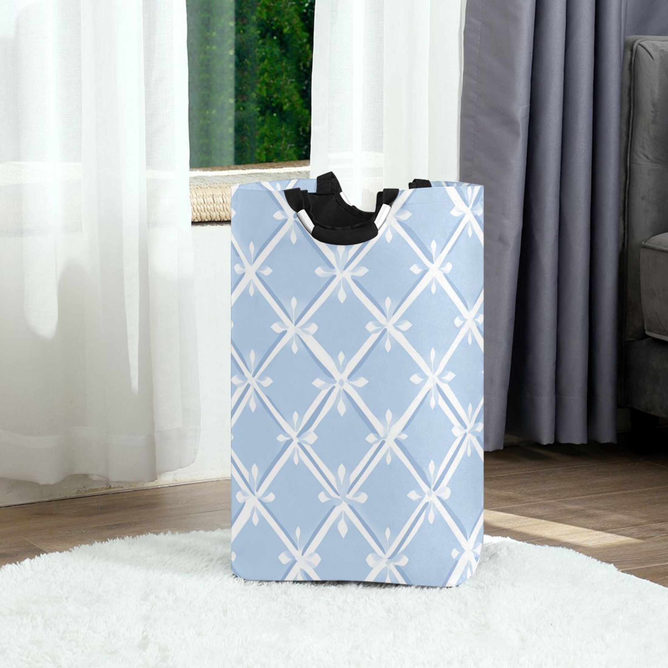 Light Blue Twill Checkerboard Laundry Basket with Handles Foldable Laundry Hamper Freestanding Washing Bin 50L