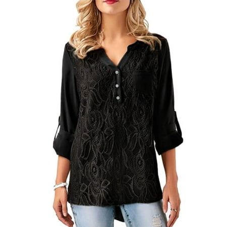 Lace Shoulder Button - Womens Blouses Clearance Buttons Adjustable Sleeve Lace Splice