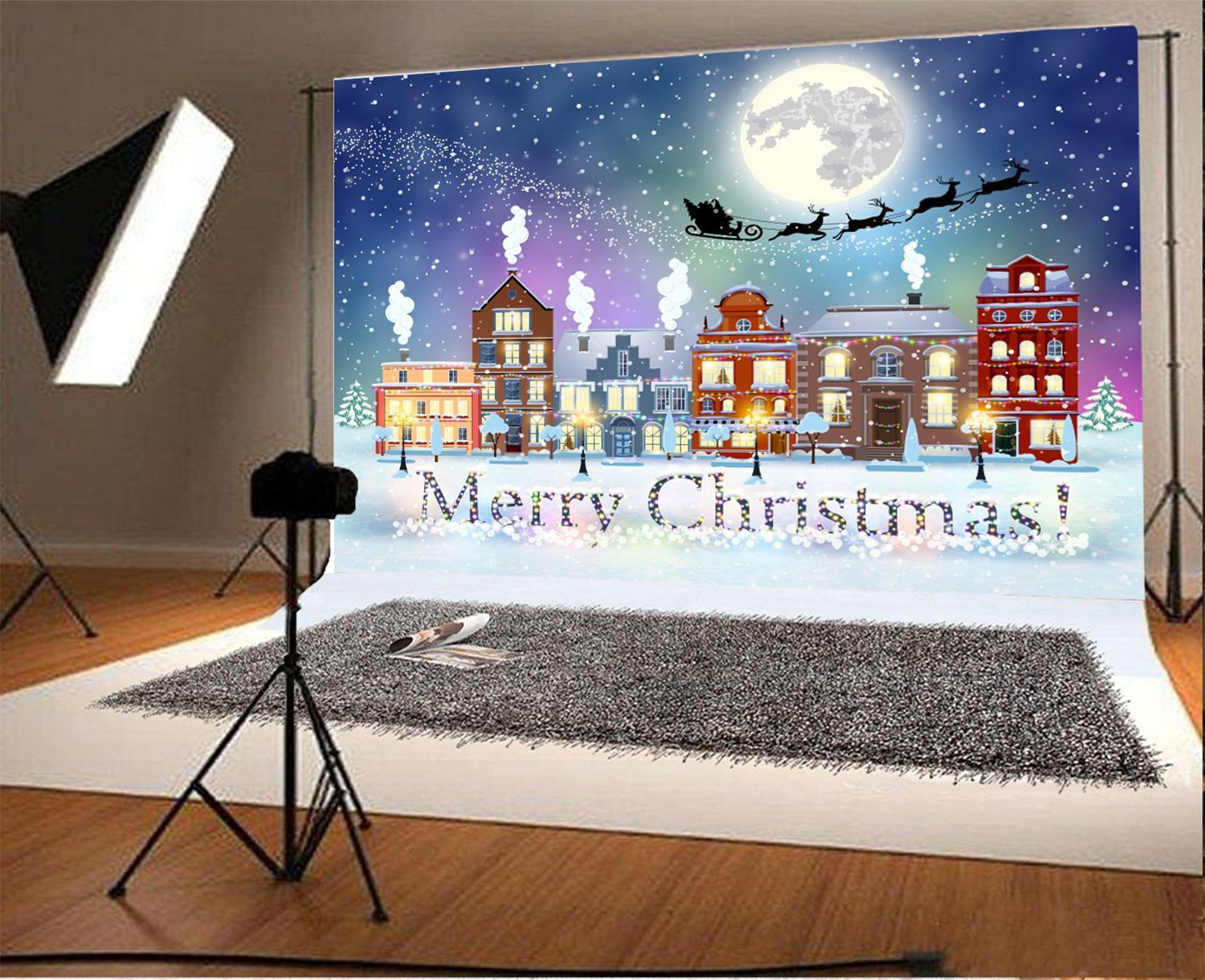 Christmas Theme Backdrop Vinyl 8x6.5ft Santa Claus Reindeers Pull The Sled Across The Huge Moon Snowy Warm Cabins Photography Background Xmas New Year Party Banner Child Baby Adult Shoot