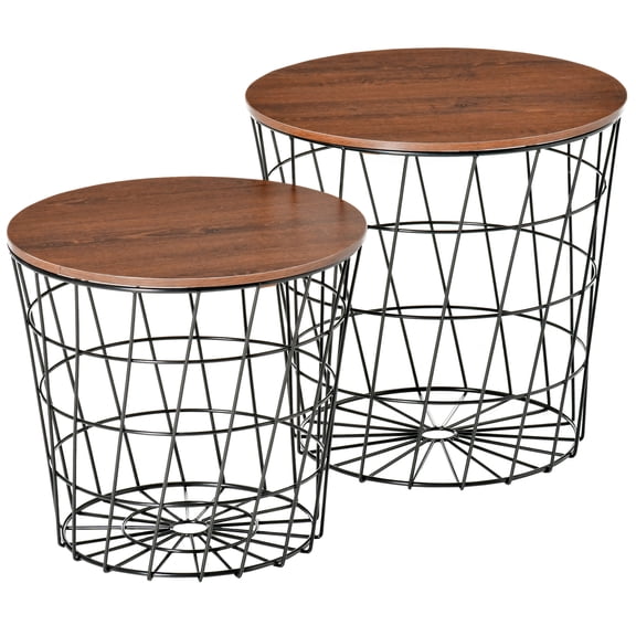 Homiyad End Tables Set of 2, Nesting Tables with Storage, Round Accent Side Tables with Removable Top for Living Room, Black/ Brown