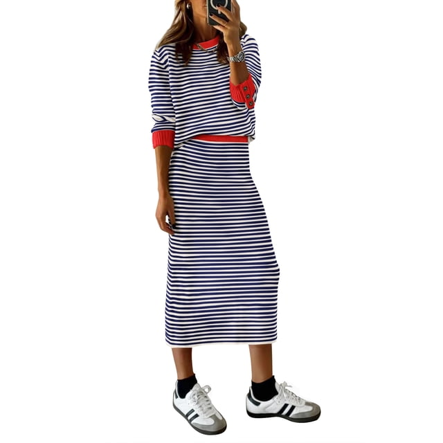 Conjunto Coordinado PRETTYGARDEN Suéter a Rayas y Falda XXL