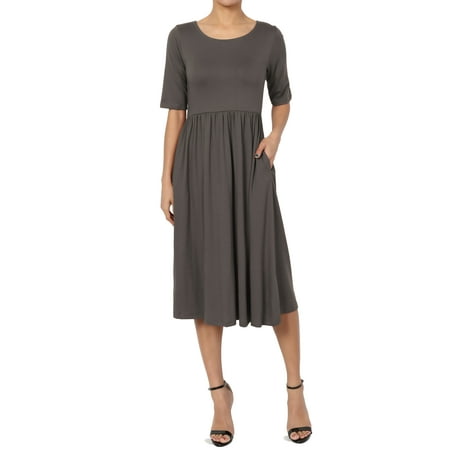 Cotton Empire Waist Halter Dress - TheMogan Women's 1/2 Short Sleeve Pleated Empire Waist Fit & Flare Pocket Dress