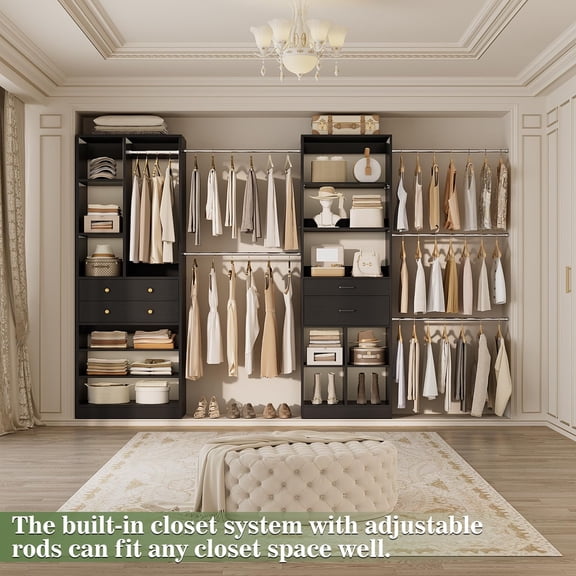 Homieasy Adjustable Walk-in Closet System, 10.7FT (72"-128.6") with 4 Wooden Drawers, 6 Hanging Rods, 3-Tier Shoe Rack & Grid Cubes, Heavy-Duty 1000LBS Capacity for Bedroom Organization,Black