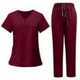 thumbnail image 2 of Minjewel Women's Contemporary V-Neck Short Sleeve Scrubs for Women with Pockets, Comfortable & Functional Scrub Set for Healthcare Workers,Wine L, 2 of 5