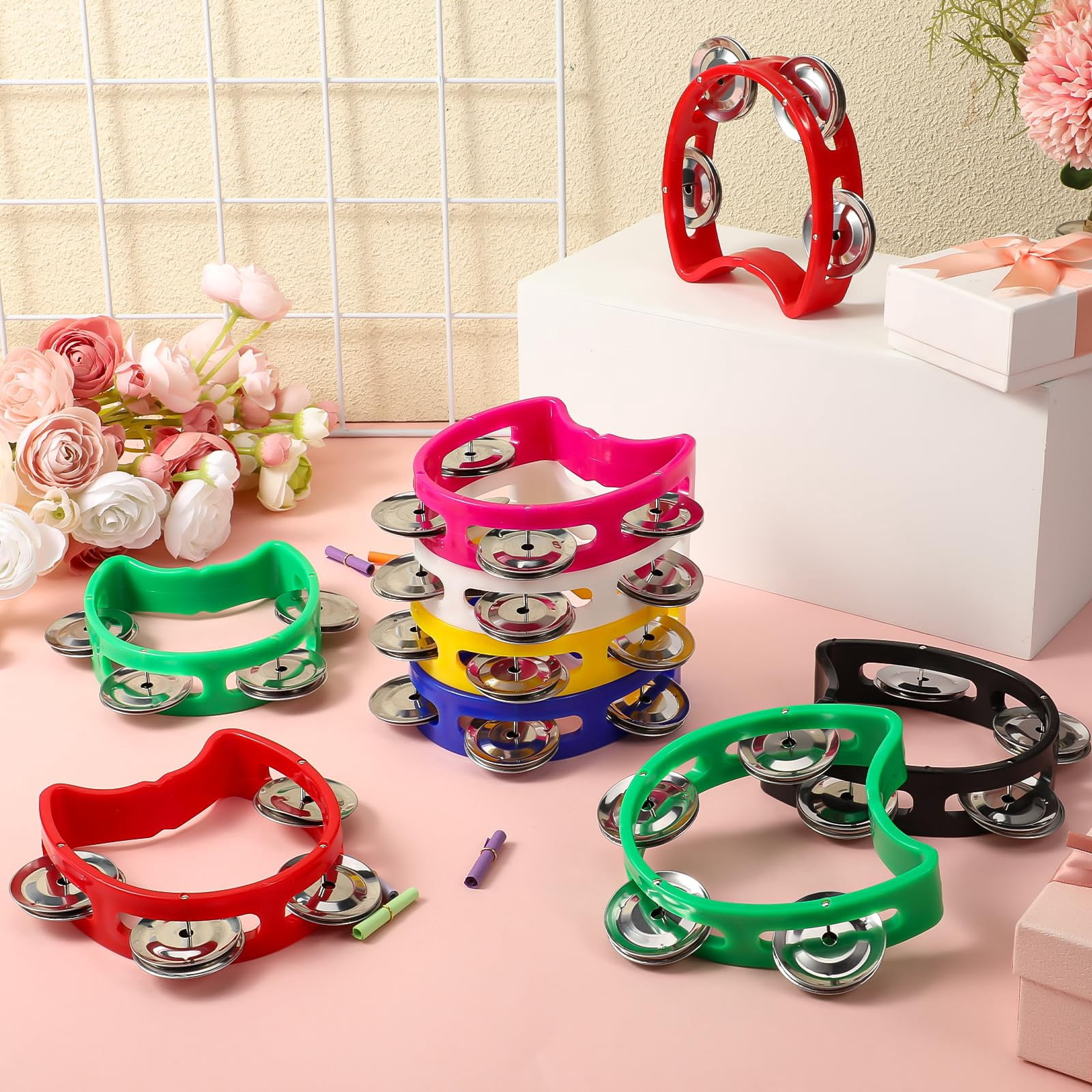 24 Pcs Tamborines Musical Instrument Noise Makers  Plastic Percussion Tambourine With 4 Bells Handheld Drum 8 Colors Tambourines