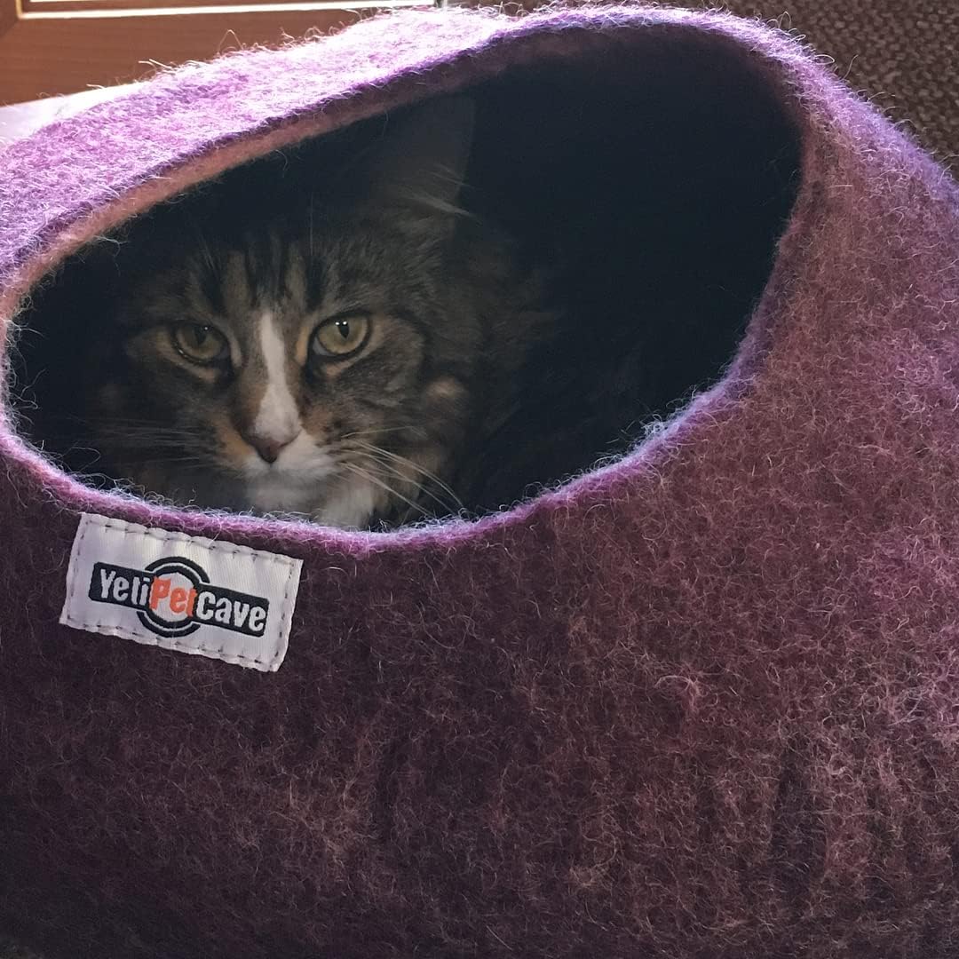 Yeti Pet Cave Bed for Cats, Dogs and Other Small Pets or Critters, 100% New Zealand Wool, Purple, 1 Count
